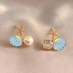 Gold and Teal Starfish Shell Earrings